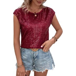 SweatyRocks Women's Round Neck Glitter Sequins Shirts Top Casual Cap Sleeve Party Tee Tops in Saudi Arabia