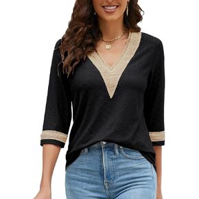 LIOFOER Women's Casual 3/4 Sleeve Shirts Lace V Neck Color Block Dressy Tops Trendy Hollow Floral Blouses T Shirts S-XXL