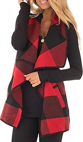 Unidear Womens buffalo Plaid Vest Casual Lapel Open Front Sleeveless Cardigan Jacket Coat with Pockets in Kuwait