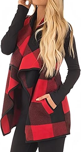 Unidear Womens buffalo Plaid Vest Casual Lapel Open Front Sleeveless Cardigan Jacket Coat with Pockets in Kuwait
