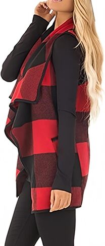 Unidear Womens buffalo Plaid Vest Casual Lapel Open Front Sleeveless Cardigan Jacket Coat with Pockets in Kuwait