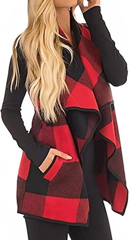 Unidear Womens buffalo Plaid Vest Casual Lapel Open Front Sleeveless Cardigan Jacket Coat with Pockets in Kuwait