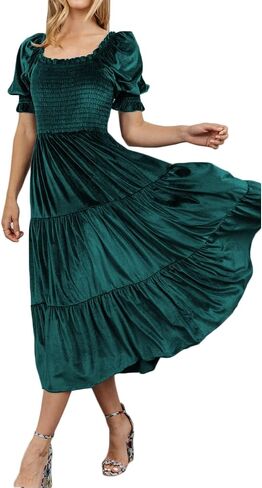 Smocked Velvet Midi Dress for Women 2022 Wedding Guest Vintage Elegant Square Neck Puff Sleeve A Line Maternity Long Dresses in Kuwait