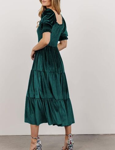 Smocked Velvet Midi Dress for Women 2022 Wedding Guest Vintage Elegant Square Neck Puff Sleeve A Line Maternity Long Dresses in Kuwait