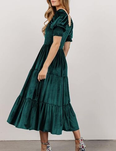 Smocked Velvet Midi Dress for Women 2022 Wedding Guest Vintage Elegant Square Neck Puff Sleeve A Line Maternity Long Dresses in Kuwait