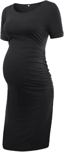 Liu & Qu Women's Maternity Dress Summer Casual Bodycon Pregnancy Dresses | Short Sleeve,Side Ruched,Crew Neck,Knee Length,Soft Stretch Fabric,Maternity Clothes for Baby Shower & Daily Wear in Saudi Arabia