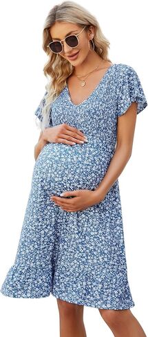 KOJOOIN Women's Maternity Smocked Long Sleeve Ruffle Dress V Neck Fall Casual Flowy Midi Dress for Baby Shower Photoshoot in Saudi Arabia