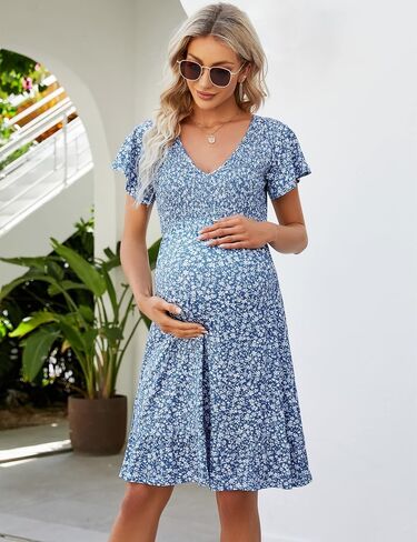 KOJOOIN Women's Maternity Smocked Long Sleeve Ruffle Dress V Neck Fall Casual Flowy Midi Dress for Baby Shower Photoshoot in Saudi Arabia