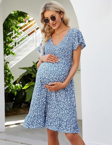 KOJOOIN Women's Maternity Smocked Long Sleeve Ruffle Dress V Neck Fall Casual Flowy Midi Dress for Baby Shower Photoshoot in Saudi Arabia