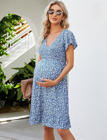 KOJOOIN Women's Maternity Smocked Long Sleeve Ruffle Dress V Neck Fall Casual Flowy Midi Dress for Baby Shower Photoshoot in Saudi Arabia