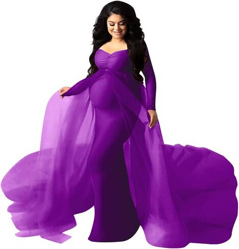 Women's Long Sleeve Off Shoulder Maternity Maxi Photography Dress Tulle Wedding Mermaid Gown for Photoshoot Baby Shower in Saudi Arabia