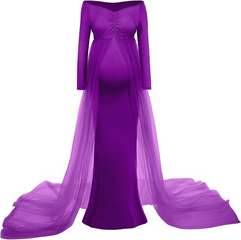Women's Long Sleeve Off Shoulder Maternity Maxi Photography Dress Tulle Wedding Mermaid Gown for Photoshoot Baby Shower in Saudi Arabia
