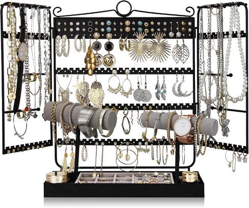 Jewelry Organizer Stand, 5-Tier Earrings Organizer with Necklace Hanging Storage,Detachable Ring Tray and 2 Watches Holder,Jewelry Display Organizer for Bracelets Watches Earrings Rings, Black in Saudi Arabia
