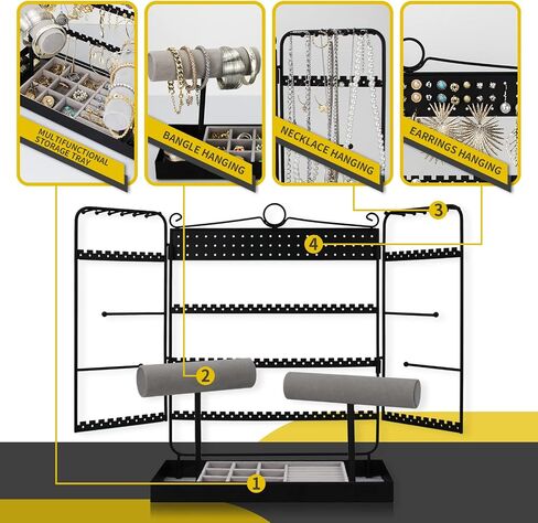 Jewelry Organizer Stand, 5-Tier Earrings Organizer with Necklace Hanging Storage,Detachable Ring Tray and 2 Watches Holder,Jewelry Display Organizer for Bracelets Watches Earrings Rings, Black in Saudi Arabia