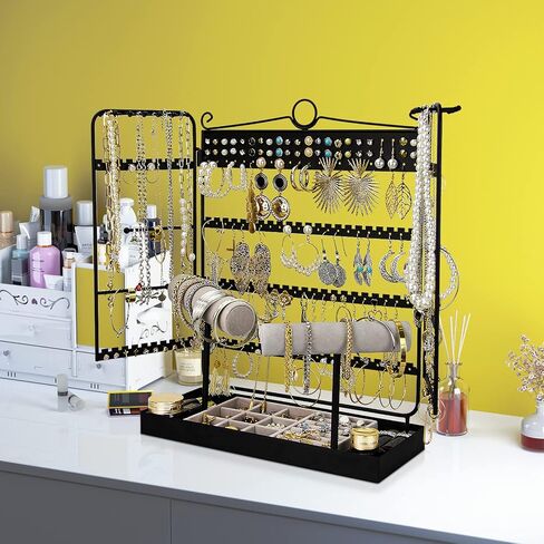 Jewelry Organizer Stand, 5-Tier Earrings Organizer with Necklace Hanging Storage,Detachable Ring Tray and 2 Watches Holder,Jewelry Display Organizer for Bracelets Watches Earrings Rings, Black in Saudi Arabia