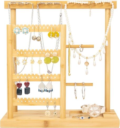 حامل منظم مجوهرات من الخيزران من سينتودا، حامل مجوهرات من 6 طبقات لتنظيم الاقراط والقلادات، 15 خطاف تعليق للقلائد و44 فتحة للاقراط وعرض شجرة التخزين in Kuwait