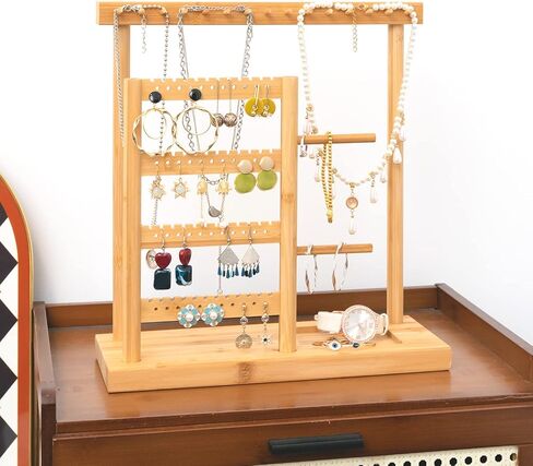 حامل منظم مجوهرات من الخيزران من سينتودا، حامل مجوهرات من 6 طبقات لتنظيم الاقراط والقلادات، 15 خطاف تعليق للقلائد و44 فتحة للاقراط وعرض شجرة التخزين in Kuwait