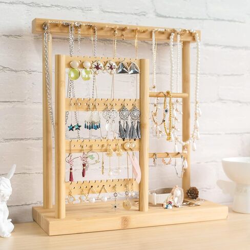 حامل منظم مجوهرات من الخيزران من سينتودا، حامل مجوهرات من 6 طبقات لتنظيم الاقراط والقلادات، 15 خطاف تعليق للقلائد و44 فتحة للاقراط وعرض شجرة التخزين in Kuwait