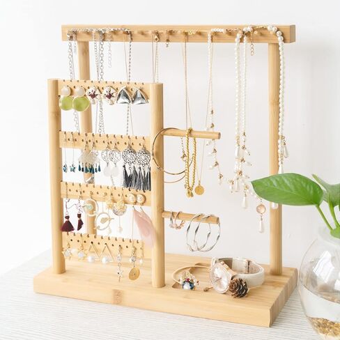 حامل منظم مجوهرات من الخيزران من سينتودا، حامل مجوهرات من 6 طبقات لتنظيم الاقراط والقلادات، 15 خطاف تعليق للقلائد و44 فتحة للاقراط وعرض شجرة التخزين in Kuwait