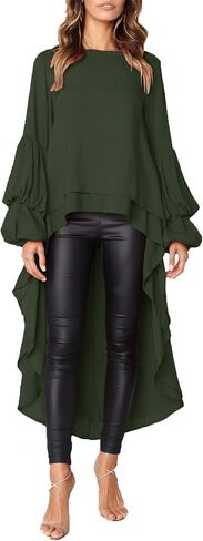 PRETTYGARDEN المرأة فانوس كم طويل الرقبة المستديرة عالية منخفضة غير متماثلة غير النظامية هيم بلايز عادية بلوزة قميص فستان in Kuwait