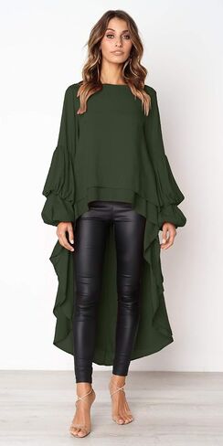 PRETTYGARDEN المرأة فانوس كم طويل الرقبة المستديرة عالية منخفضة غير متماثلة غير النظامية هيم بلايز عادية بلوزة قميص فستان in Kuwait