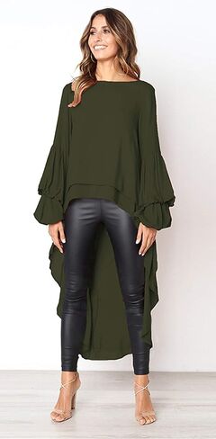 PRETTYGARDEN المرأة فانوس كم طويل الرقبة المستديرة عالية منخفضة غير متماثلة غير النظامية هيم بلايز عادية بلوزة قميص فستان in Kuwait