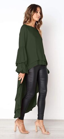 PRETTYGARDEN المرأة فانوس كم طويل الرقبة المستديرة عالية منخفضة غير متماثلة غير النظامية هيم بلايز عادية بلوزة قميص فستان in Kuwait