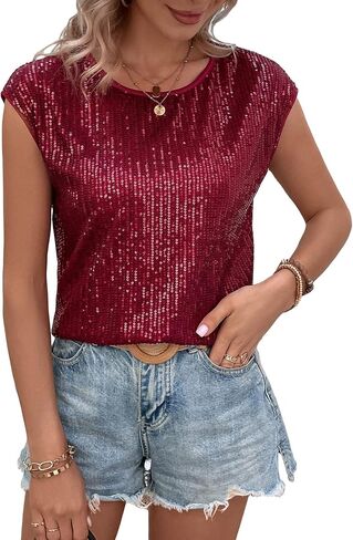 SweatyRocks Women's Round Neck Glitter Sequins Shirts Top Casual Cap Sleeve Party Tee Tops in Kuwait