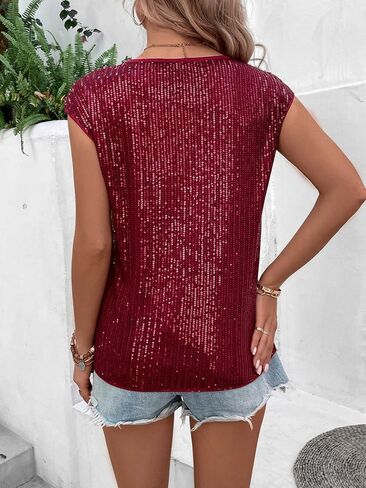 SweatyRocks Women's Round Neck Glitter Sequins Shirts Top Casual Cap Sleeve Party Tee Tops in Kuwait