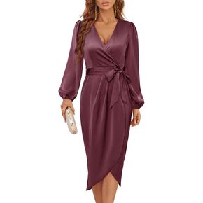 Newshows Women's 2023 Satin Short/Long Sleeve Cocktail Midi Dress Belted Ruched Slit Formal Wedding Guest Dresses