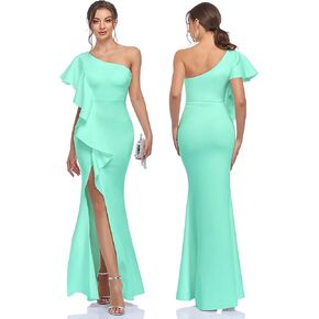 Women's One Shoulder Ruffled Split Mermaid Evening Gown Cocktail Long Formal Dress in Kuwait