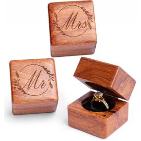 Handicraftviet Ring Box Mr and Mrs – Handmade Heart Shape Ring Box for Wedding Ceremony, Wedding Ring Box Small Engraved for Engagement/Proposal, Rustic Ring Box (Wood Ring Holder)
