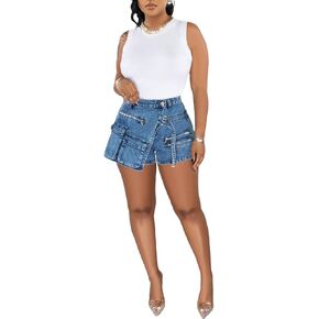 LETSVDO Women's Denim Shorts Cargo Y2k High Waisted Asymmetrical Pockets Jean Wrap Stretchy Skorts Streetwear Summer in Kuwait