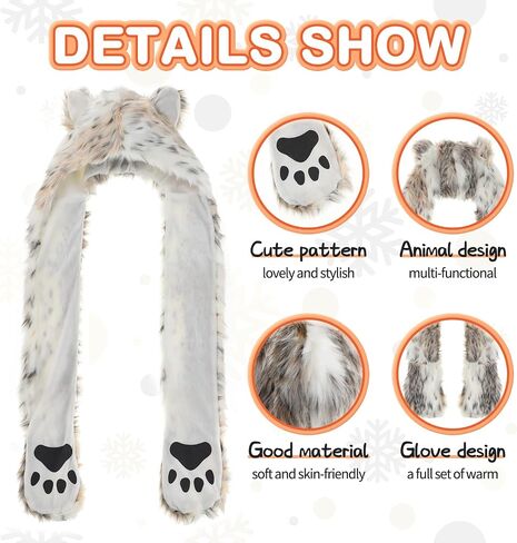 SATINIOR White Animal Hood Winter Warm Plush Faux Fur Animal Hat Scarf Mitten in Saudi Arabia