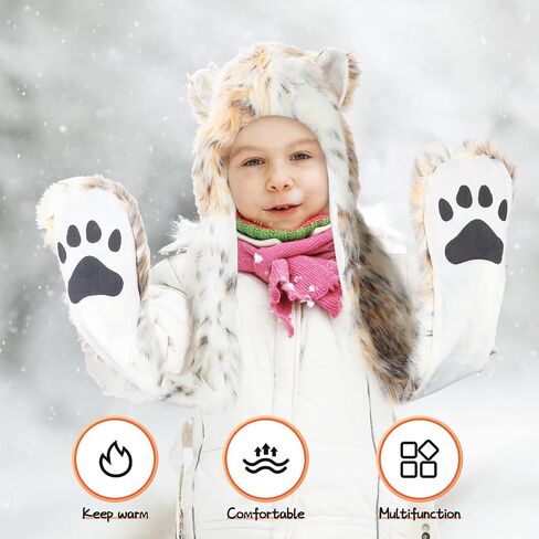 SATINIOR White Animal Hood Winter Warm Plush Faux Fur Animal Hat Scarf Mitten in Saudi Arabia