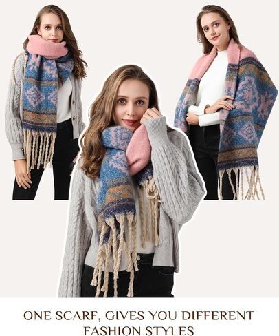 Scarfs for Women - Fashion Long Scarf Shawl, Women's Scarves & Wraps in Fall Winter Warm Blanket Scarf, Classic Tassel Plaid Tartan Mohair Fish Bones Large Scarf in Kuwait