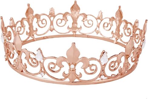 King Crown, Prince Costume Royal Medieval Fleur De Lis Metal Cake Topper Tiara w/Crystals for Men Boy Queen Bachelor Birthday Halloween Costume Hats Party Prom Pageant Homecoming, Rose Gold in Kuwait
