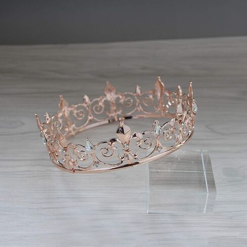 King Crown, Prince Costume Royal Medieval Fleur De Lis Metal Cake Topper Tiara w/Crystals for Men Boy Queen Bachelor Birthday Halloween Costume Hats Party Prom Pageant Homecoming, Rose Gold in Kuwait