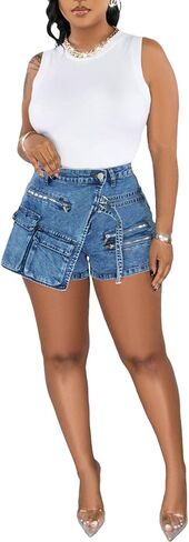 LETSVDO Women's Denim Shorts Cargo Y2k High Waisted Asymmetrical Pockets Jean Wrap Stretchy Skorts Streetwear Summer in Kuwait