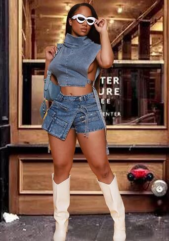 LETSVDO Women's Denim Shorts Cargo Y2k High Waisted Asymmetrical Pockets Jean Wrap Stretchy Skorts Streetwear Summer in Kuwait