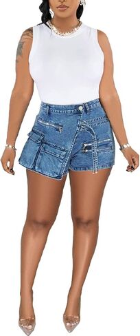 LETSVDO Women's Denim Shorts Cargo Y2k High Waisted Asymmetrical Pockets Jean Wrap Stretchy Skorts Streetwear Summer in Kuwait