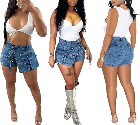 LETSVDO Women's Denim Shorts Cargo Y2k High Waisted Asymmetrical Pockets Jean Wrap Stretchy Skorts Streetwear Summer in Kuwait