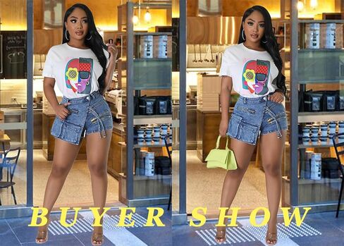 LETSVDO Women's Denim Shorts Cargo Y2k High Waisted Asymmetrical Pockets Jean Wrap Stretchy Skorts Streetwear Summer in Kuwait