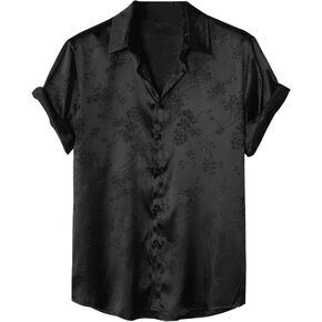 OYOANGLE Men's Satin Floral Print Button Down Front Lapel Collar Solid Short Sleeve Shirt in Saudi Arabia