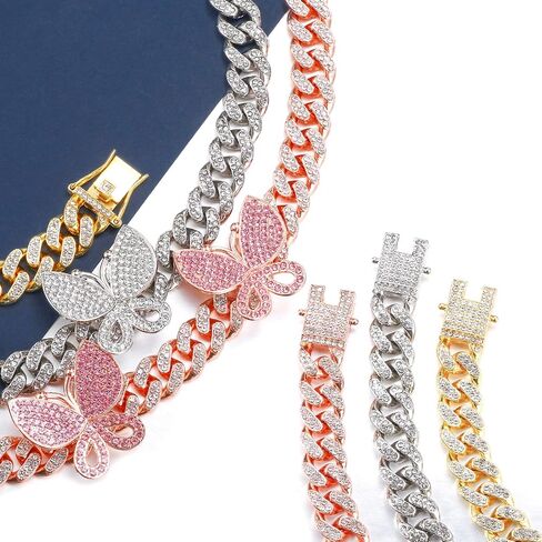 DXZNBEST 18 Inch 13mm Butterfly Cuban Necklace Collars Miami Butterfly Cuban Link Choker Iced Out Bling Butterfly Chain for Women Hip Hop Rapper Mother's Day Christmas in Saudi Arabia