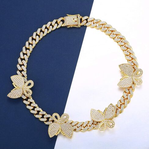 DXZNBEST 18 Inch 13mm Butterfly Cuban Necklace Collars Miami Butterfly Cuban Link Choker Iced Out Bling Butterfly Chain for Women Hip Hop Rapper Mother's Day Christmas in Saudi Arabia