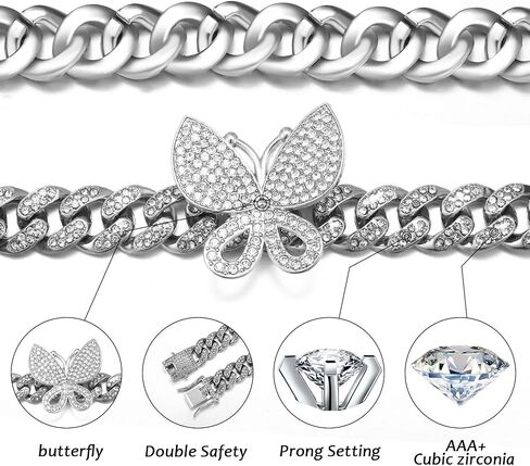 DXZNBEST 18 Inch 13mm Butterfly Cuban Necklace Collars Miami Butterfly Cuban Link Choker Iced Out Bling Butterfly Chain for Women Hip Hop Rapper Mother's Day Christmas in Kuwait
