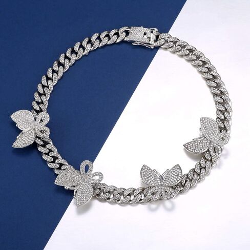 DXZNBEST 18 Inch 13mm Butterfly Cuban Necklace Collars Miami Butterfly Cuban Link Choker Iced Out Bling Butterfly Chain for Women Hip Hop Rapper Mother's Day Christmas in Kuwait