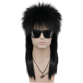 شعر مستعار طويل مستقيم للرجال والنساء من VGbeaty 70s 80s Rocker Punk Rock Disco Mullet (أسود)