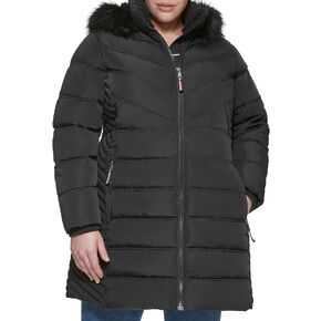 Tommy Hilfiger Women's Plus Size Quilted Long Puffer Hooded Fur Trim Jacket in Saudi Arabia